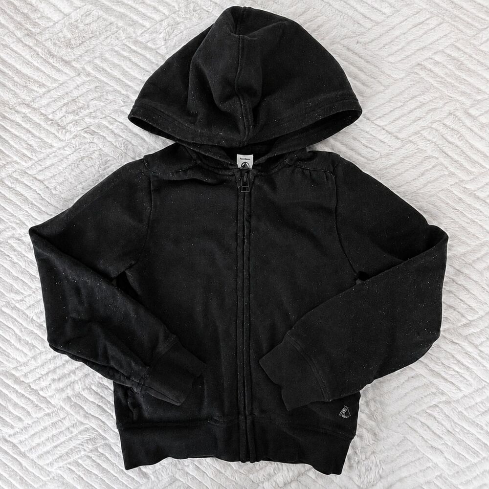 Petit Bateau Girls Size 8Y Black Glitter Shimmer Full Zip Hoodie Sweatshirt